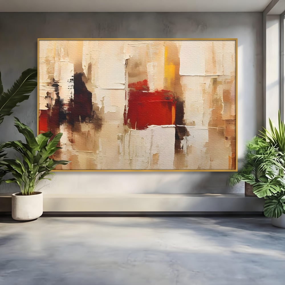 Tablou canvas cu pictura abstracta cu pete de rosu si bej, in rama de aluminiu auriu
